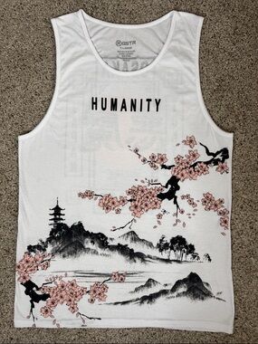 R GSTR Humanity Sakura Graphic Tank Top - White with Pink & Black Unisex